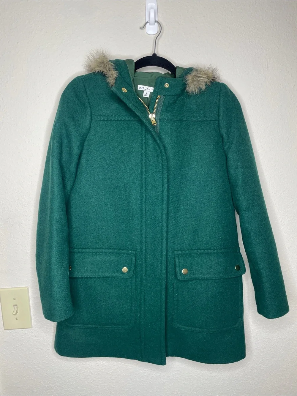 J.Crew Mercantile | Women’s Green Wool Vail Parka Faux Fur Collar Size 2 - Picture 2 of 7